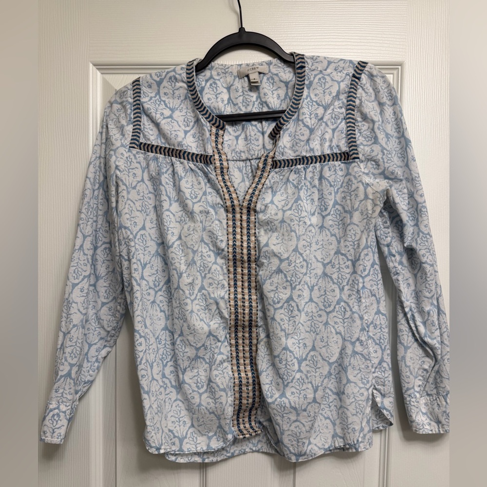 J. Crew Light Blue Printed Peasant Blouse with Navy Trim